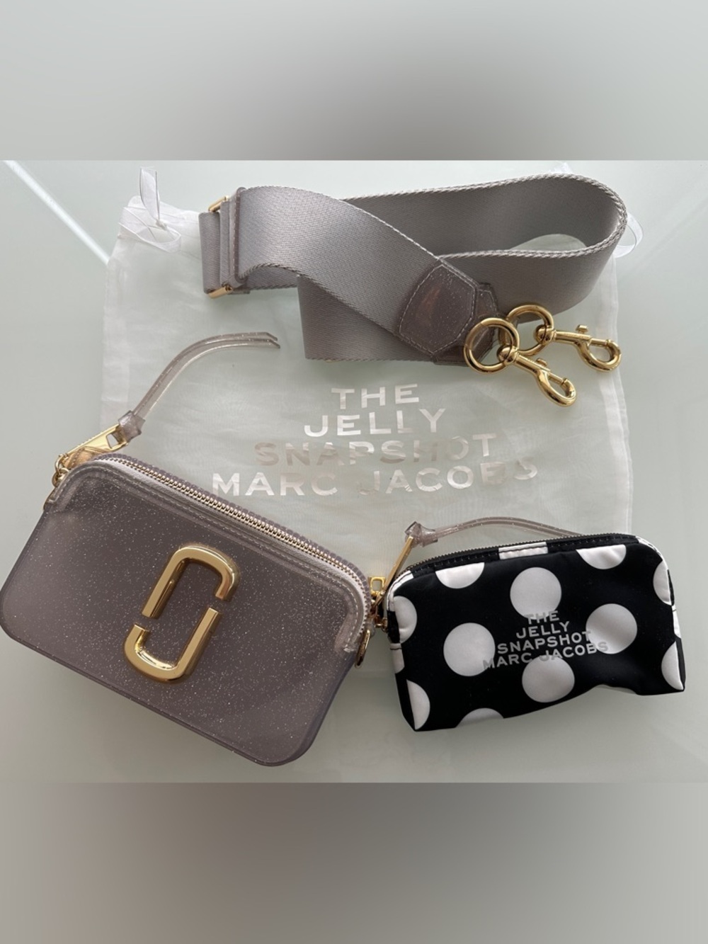 Marc Jacobs Jelly Snapshot Crossbody in Grey with Black & White Polka Dot Pouch